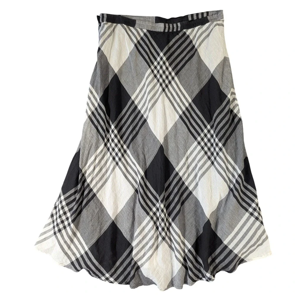 Coldwater Creek Womens XL Plaid Midi Skirt‎ Black White Cotton A-Line Lined K872